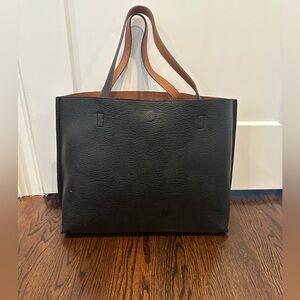 Reversible black or cognac “leather” tote bag